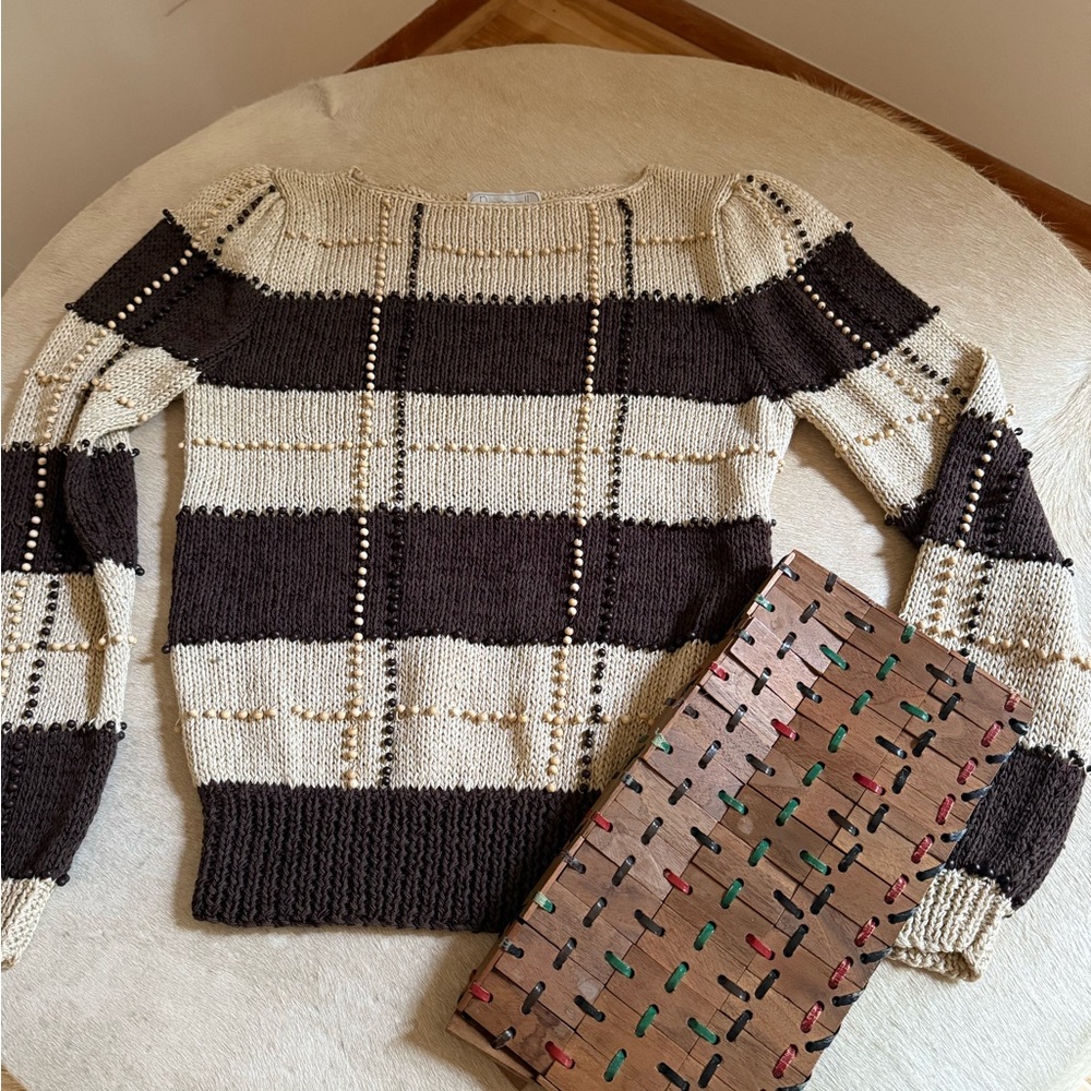 Chocolate Brown and Cream Striped Sweater w tiny wooden beads- Vintage Nannell - Picture 4 of 15